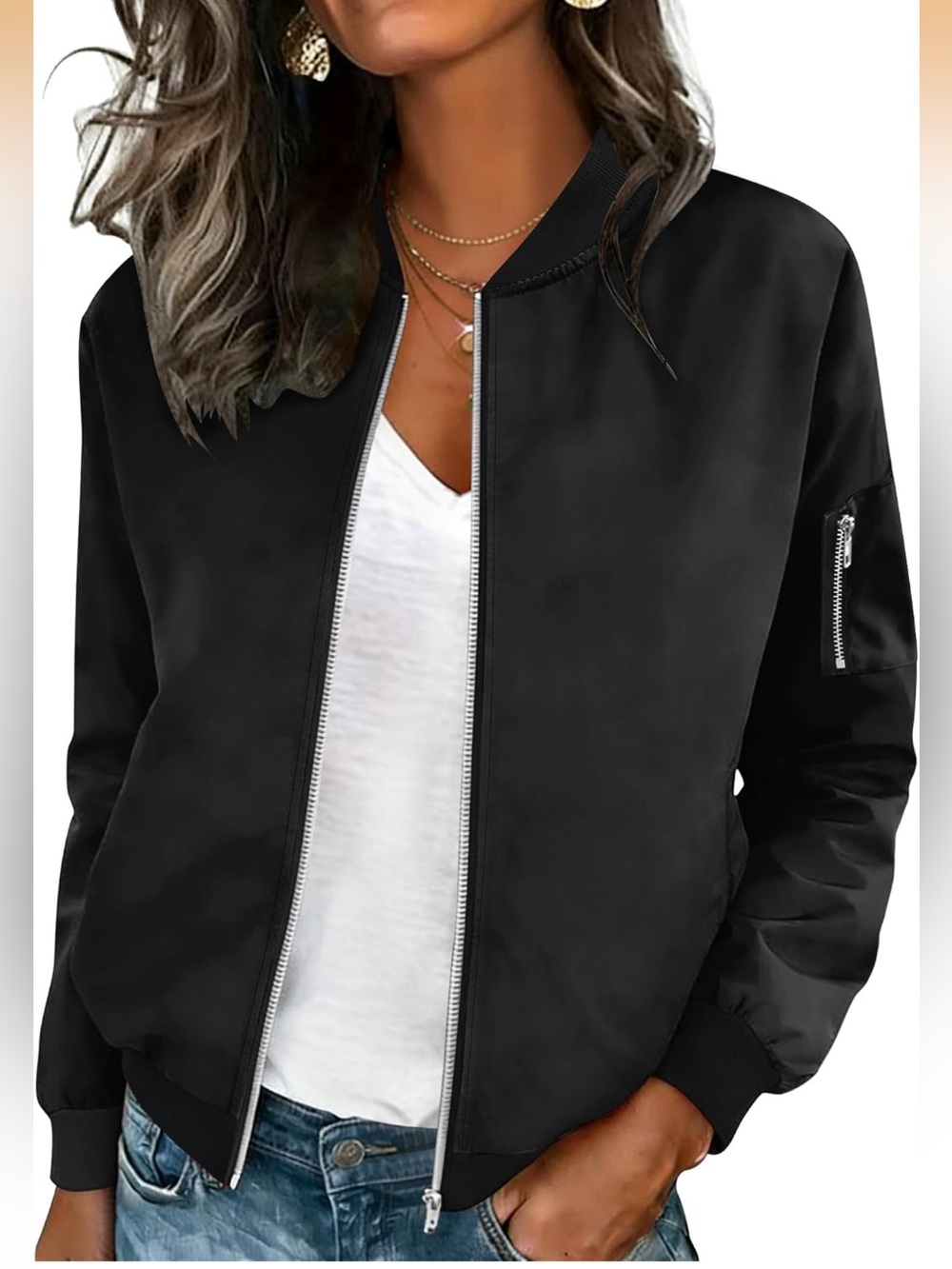 Women’s Black Bomber Jacket - Lightweight Zip-Up Great for Layering Large Size
